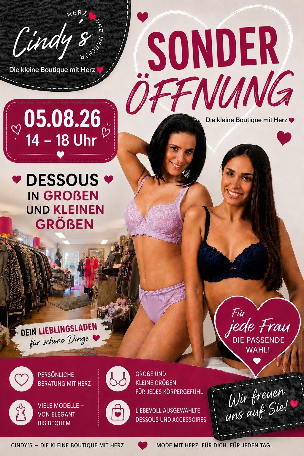 Sonderöffnung am 05.08.26 von 14 bis 18 Uhr mit Dessous in großen und kleinen Größen